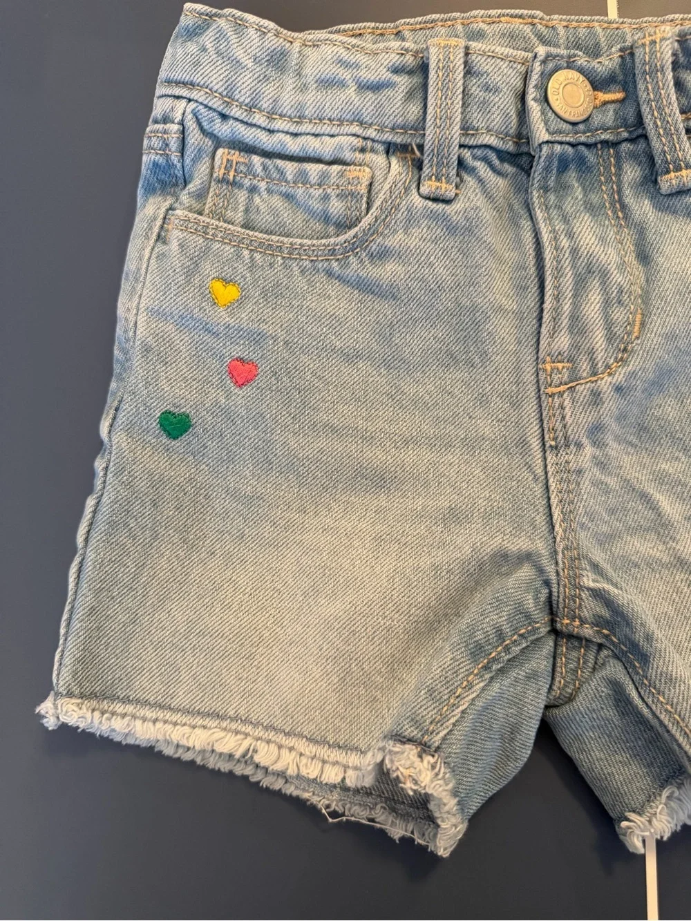 Old Navy Light Blue Denim Shorts with Colorful Heart & LOVE Embroidery 4T